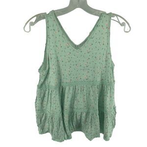 Love Fire Women's V Neck Tank Floral Top Sleeveless Lace Trim Summer Green Large